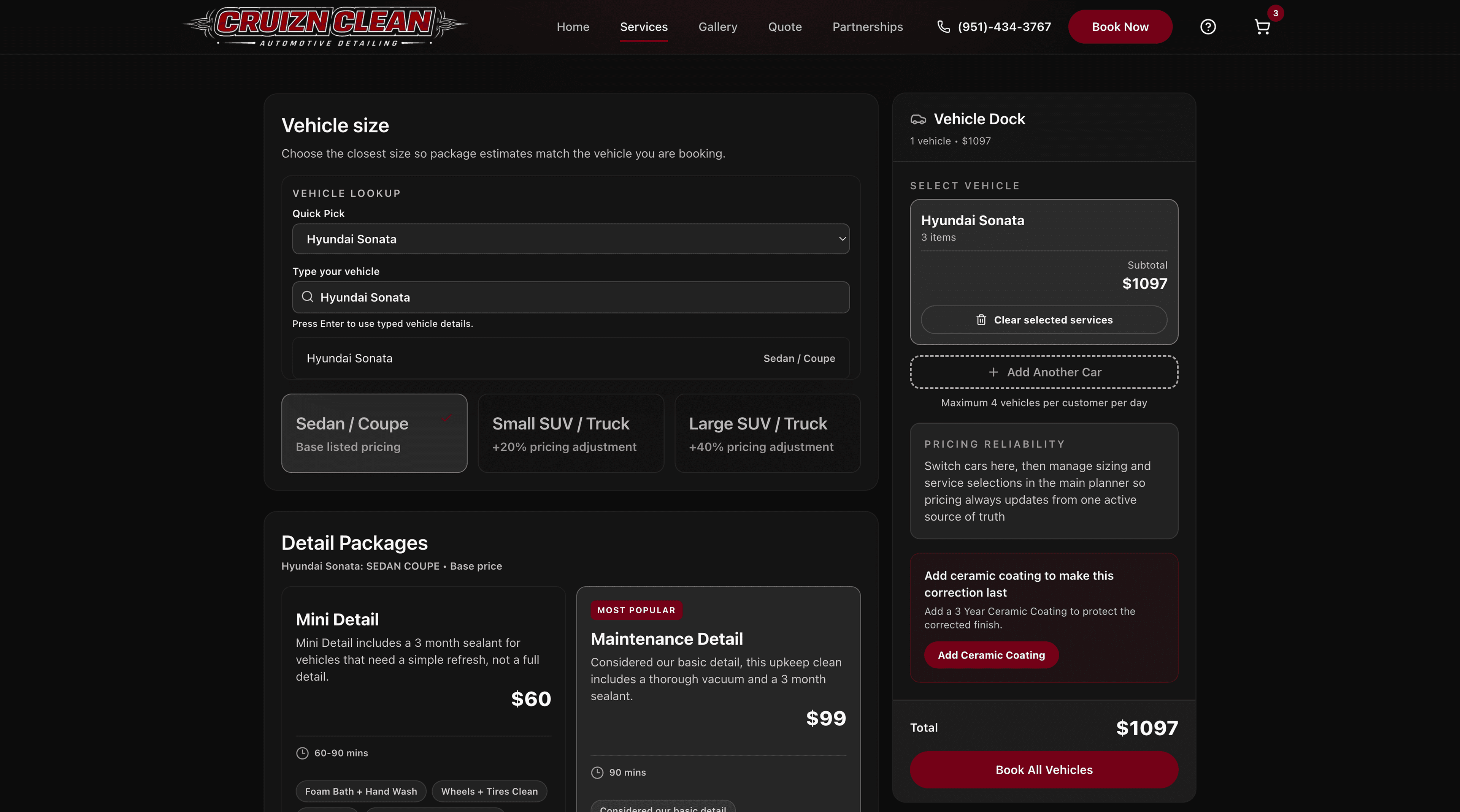 Cruizn Clean desktop service selection with vehicle size, detail packages, and vehicle dock.