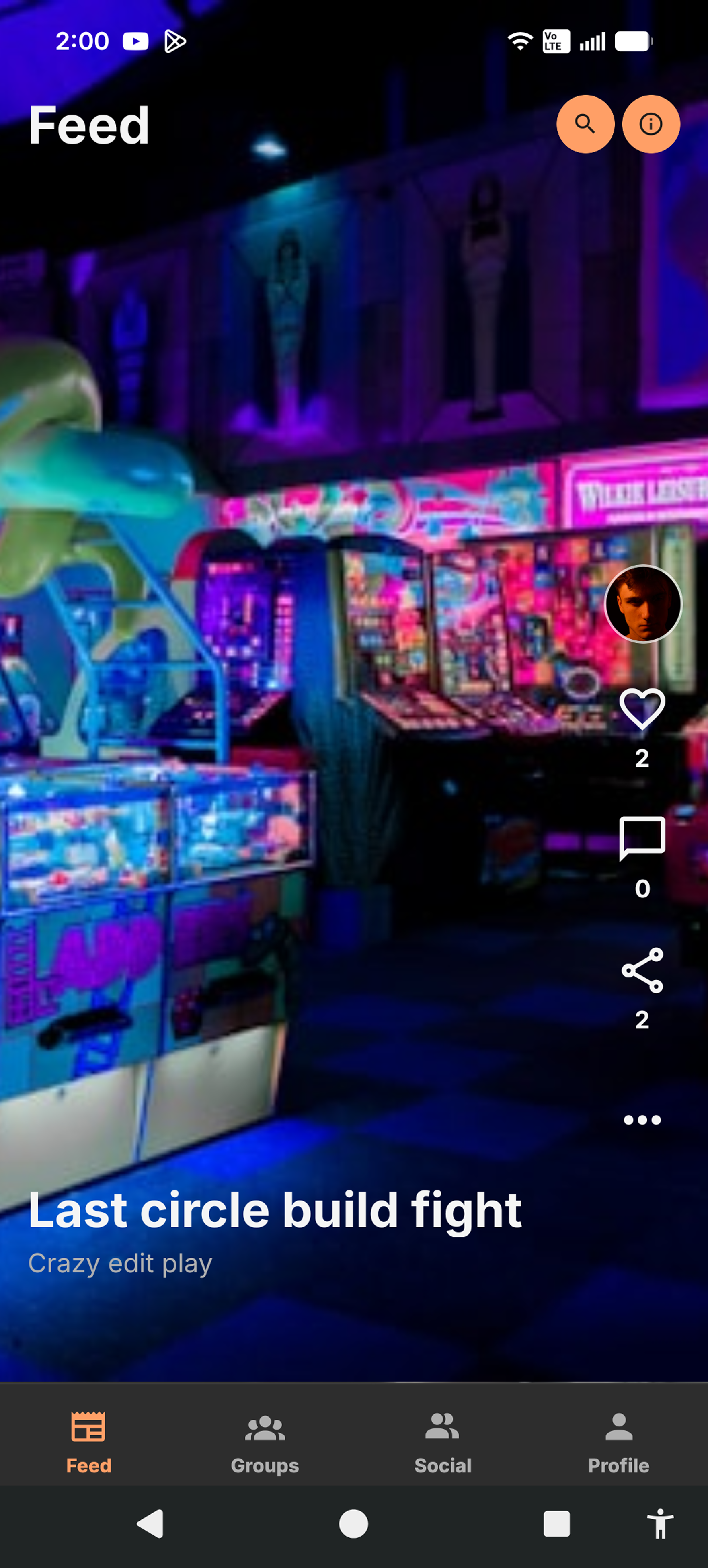 Game Mate mobile video feed with post actions and bottom navigation.