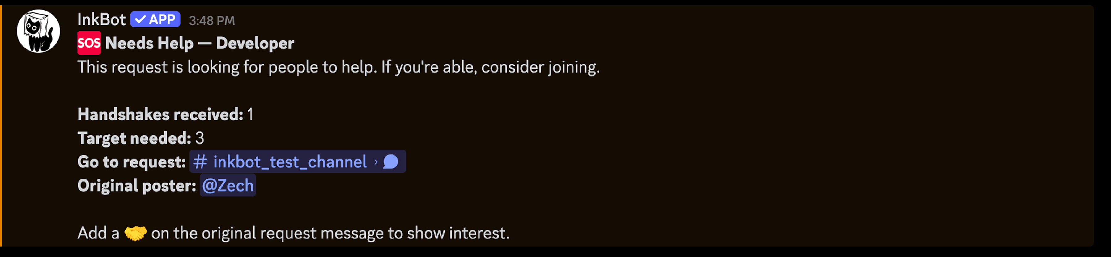 InkBot group request announcement showing the requested role, target count, channel, and original poster.