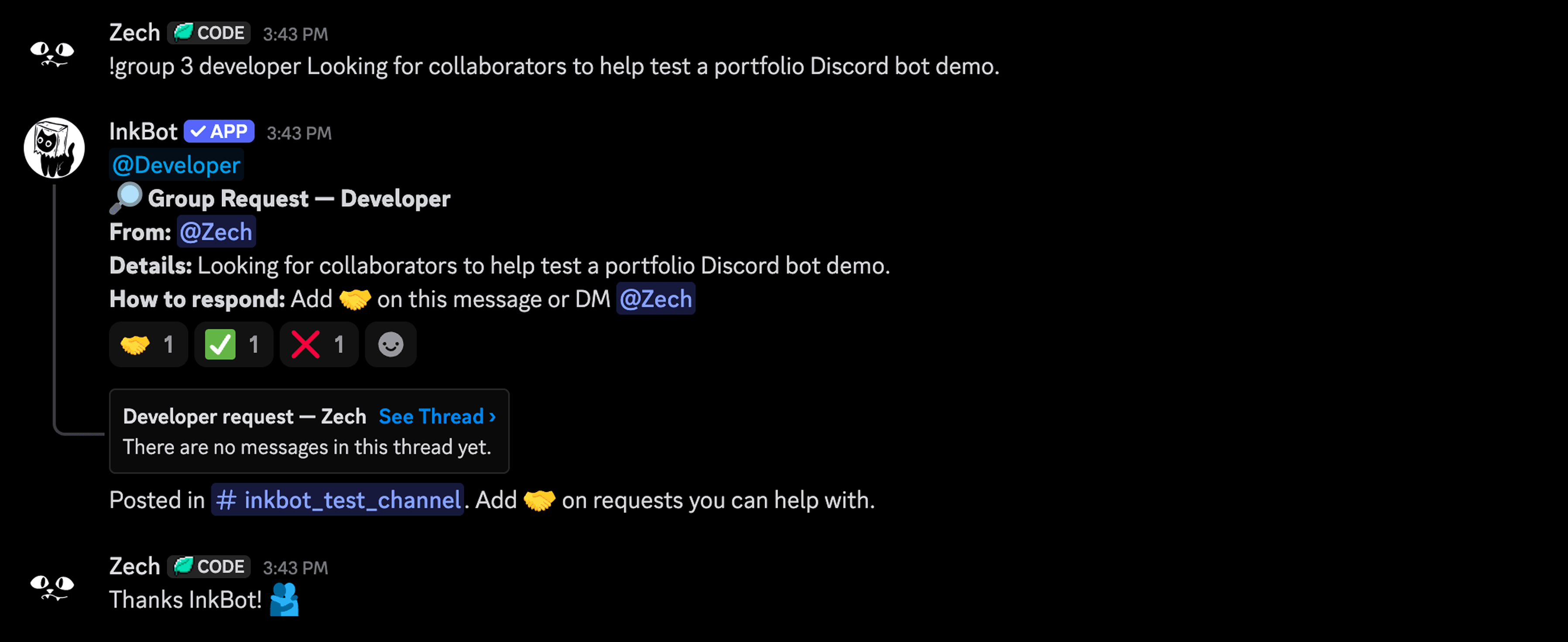 Discord conversation showing an InkBot group request command and the resulting request flow.