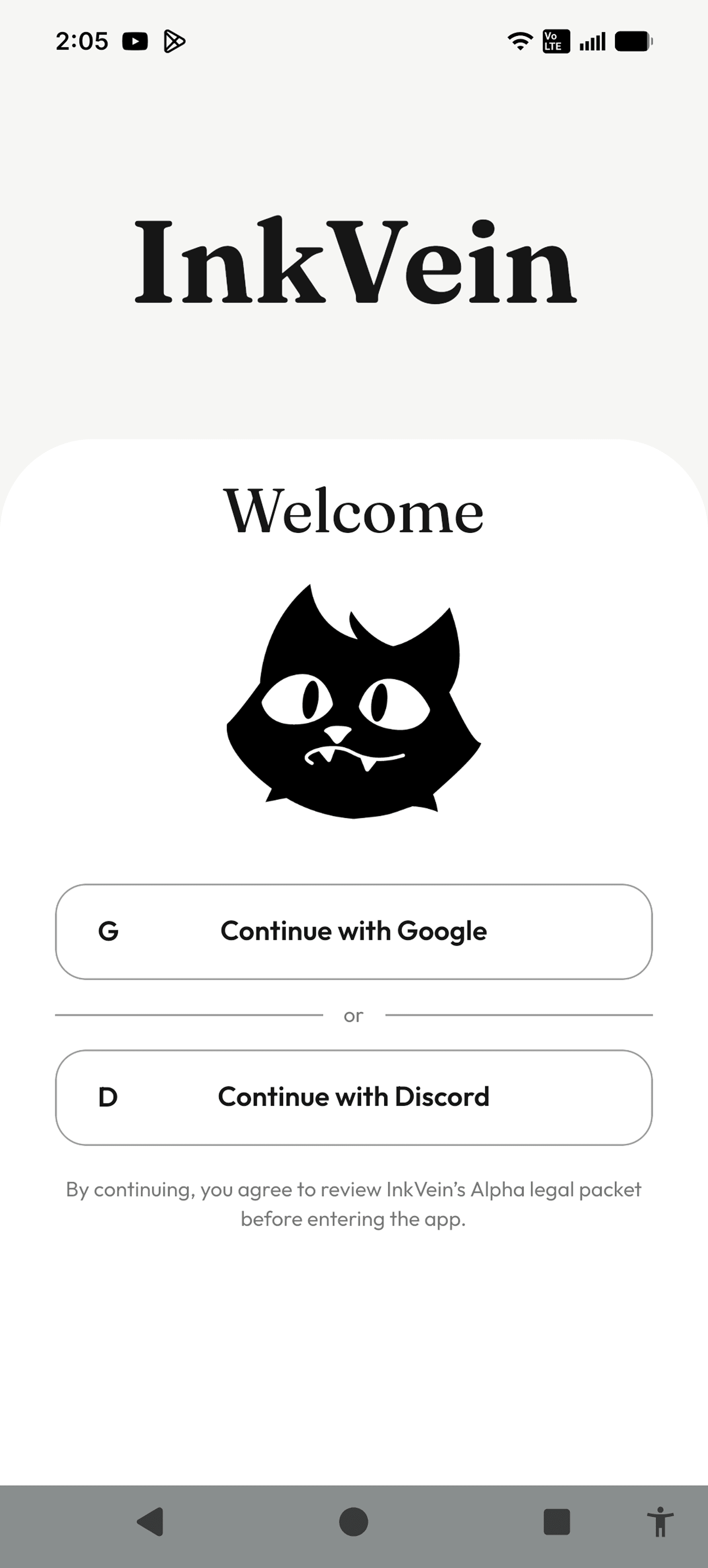 InkVein mobile welcome screen with Google and Discord sign in options.