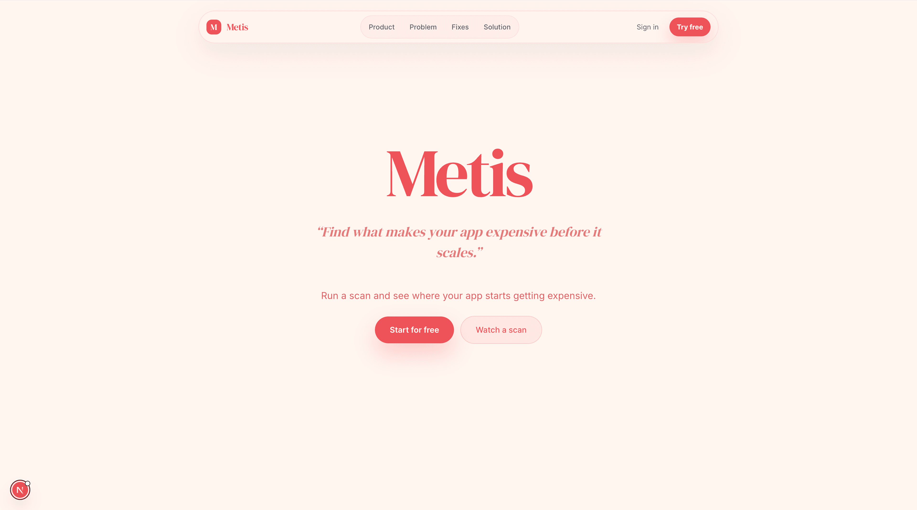 Metis desktop landing page with product statement and scan actions.