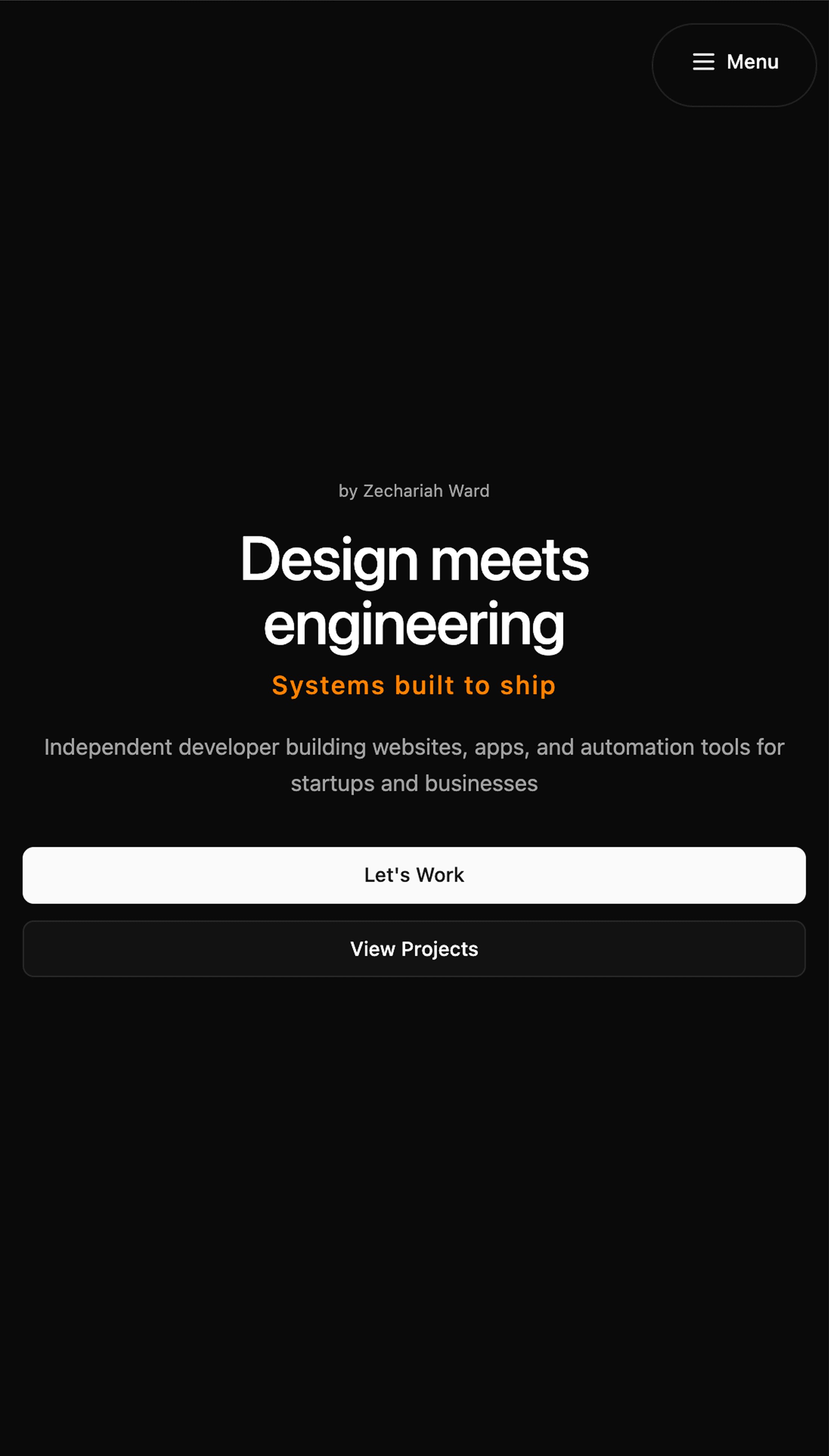 Ward Studio mobile landing page with stacked project actions and menu control.