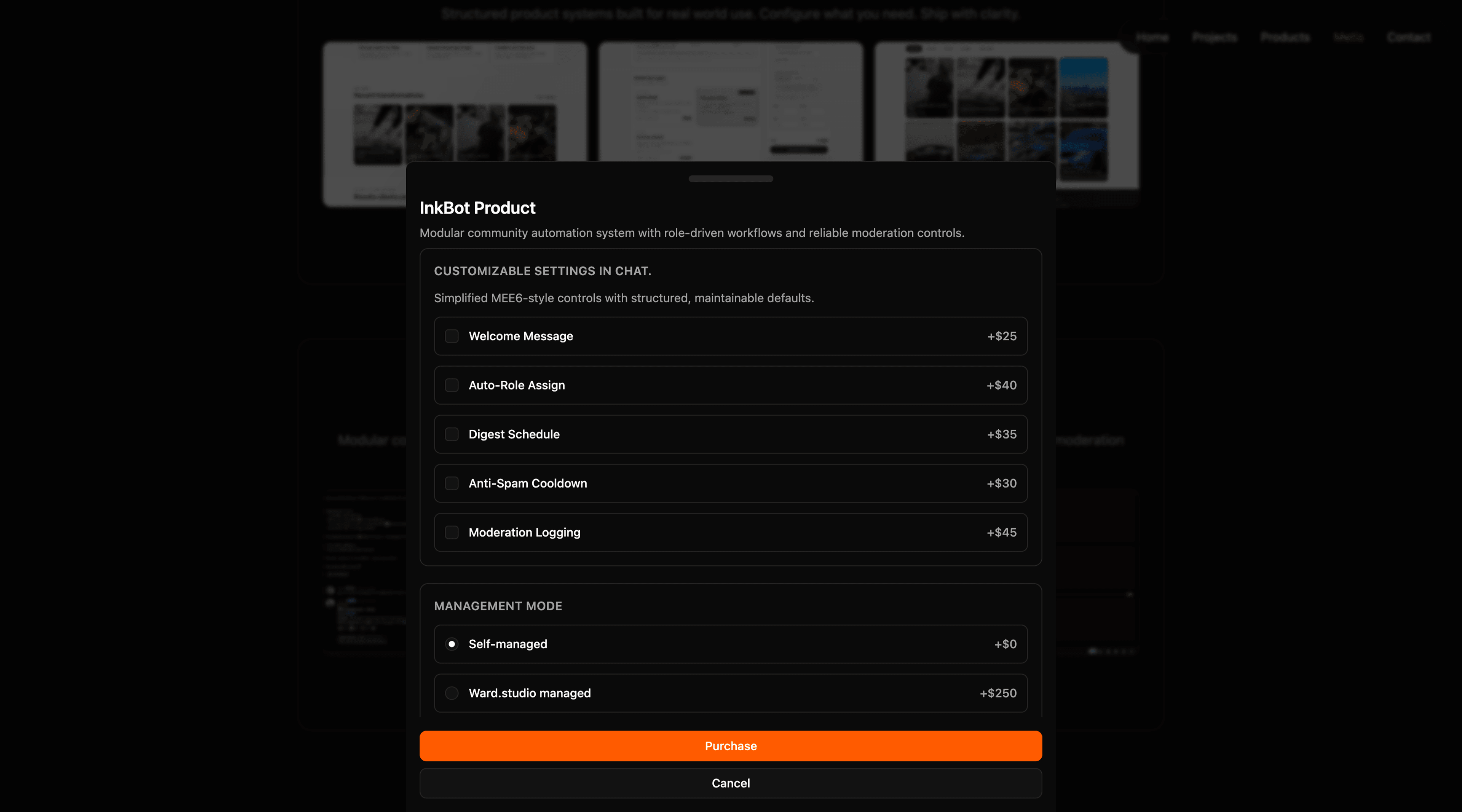 Ward Studio product drawer presenting project details over the website.
